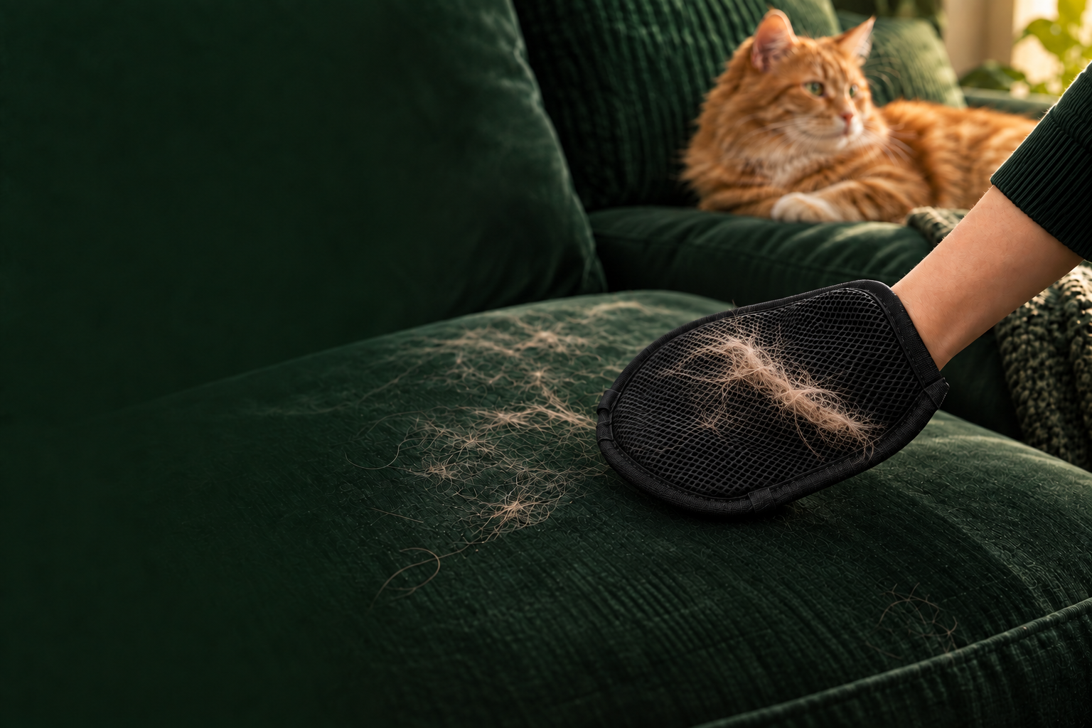 Black pet hair removal glove cleaning a sofa beside a cat