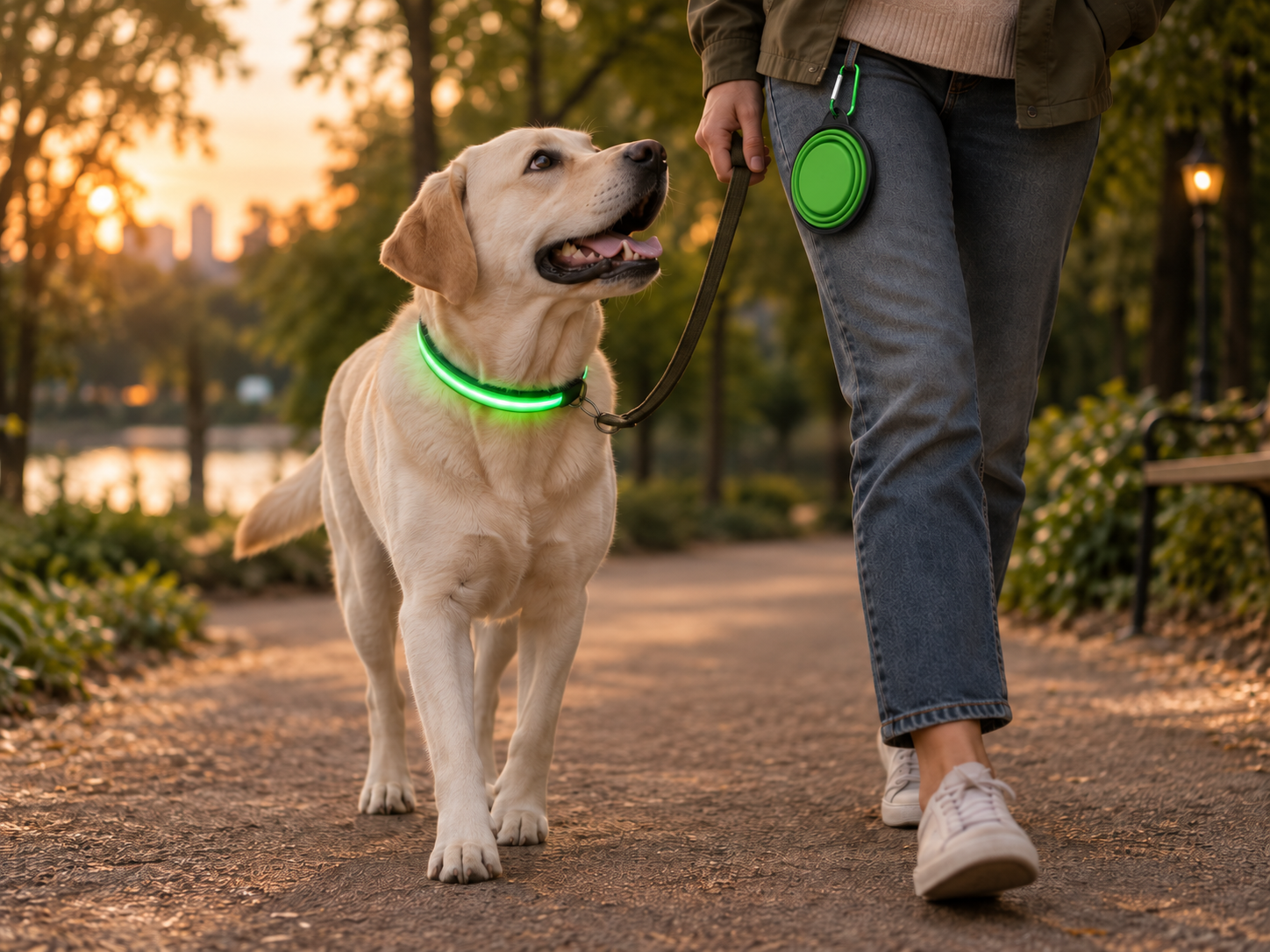 Dog in a glowing green collar on a walk, with a folded travel bowl clipped to a woman's jeans