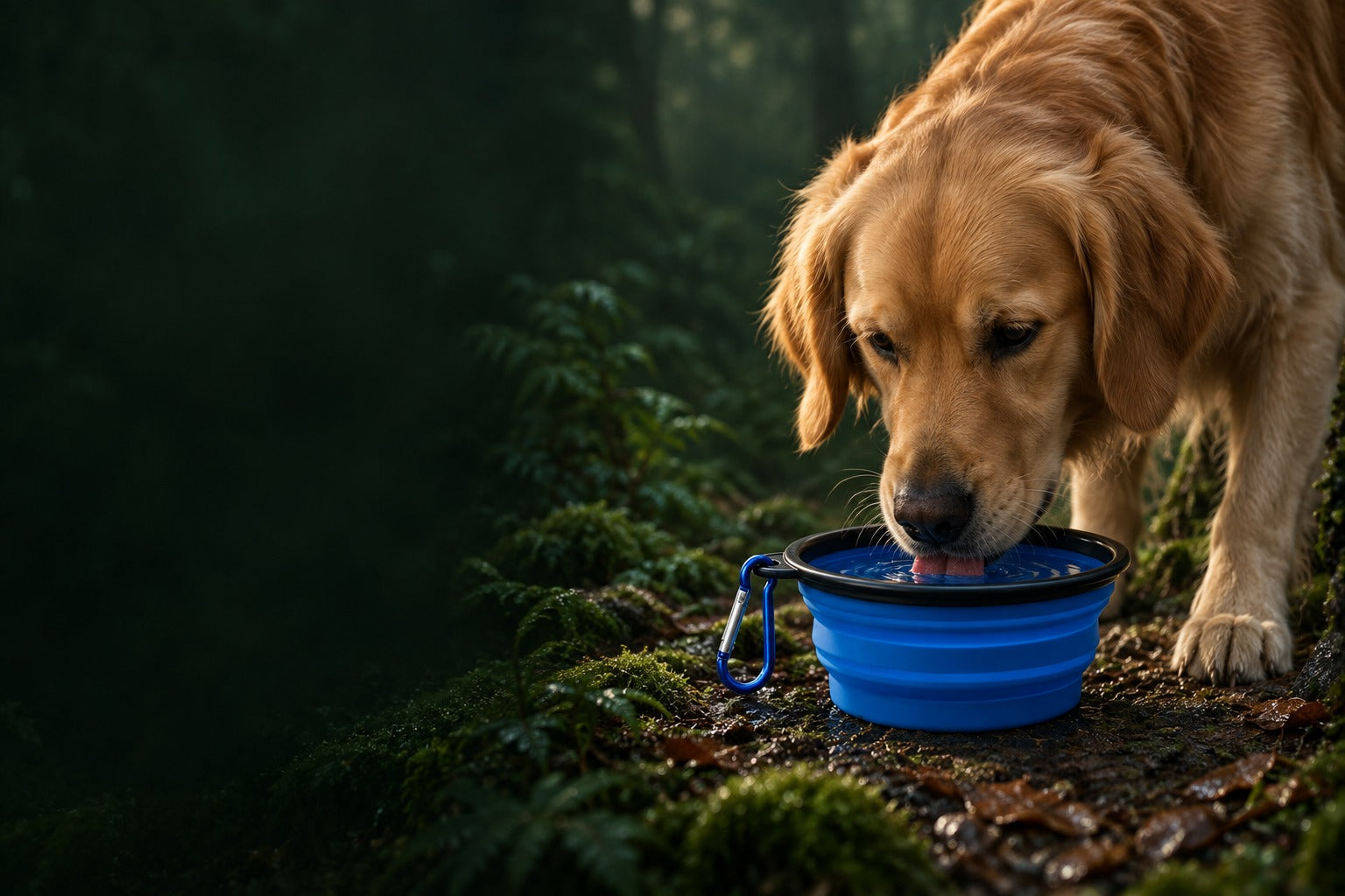 Dog drinking from a blue collapsible bowl during a break outdoors